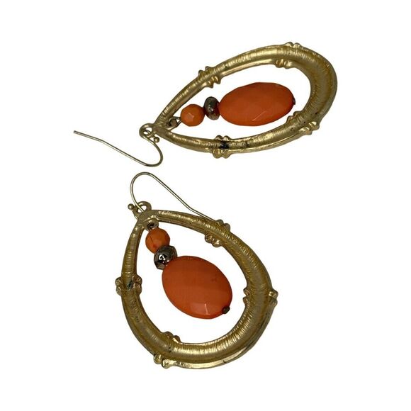 Gold-Tone Coral Orange Large Teardrop Dangle Earrings Statement - Picture 7 of 9